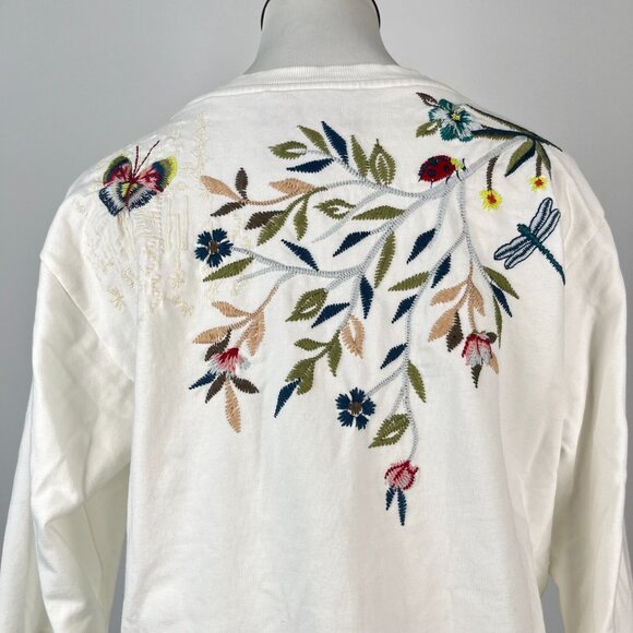 NWOT Johnny Was Embroidered Floral Butterfly Bird Pullover White Sweatshirt Sz S - Picture 8 of 16